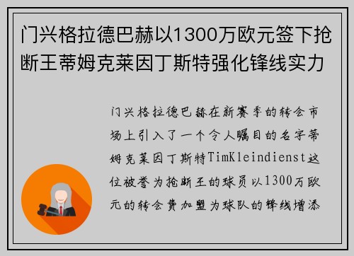 门兴格拉德巴赫以1300万欧元签下抢断王蒂姆克莱因丁斯特强化锋线实力