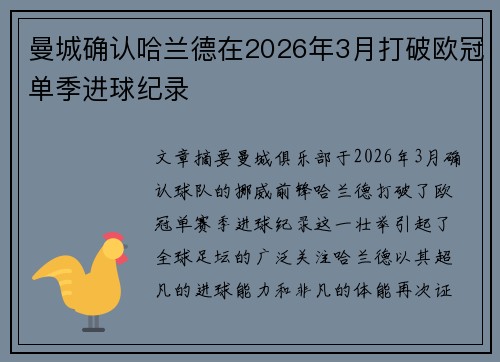 曼城确认哈兰德在2026年3月打破欧冠单季进球纪录