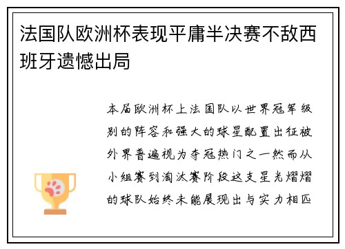 法国队欧洲杯表现平庸半决赛不敌西班牙遗憾出局