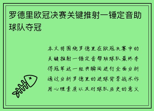罗德里欧冠决赛关键推射一锤定音助球队夺冠
